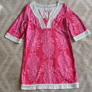 Lilly Pulitzer Women’s 8 Sherman Pink Pineapple Tunic Dress with White Lace Trim